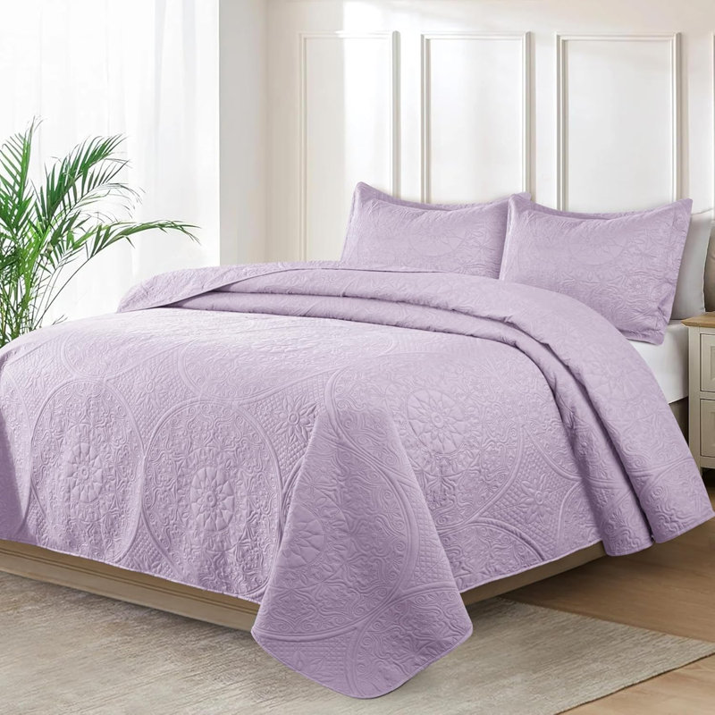 Lightweight Summer Bedspreads - 3 Piece Oversized Quilt Set - Reversible Coverlet Set - California King Size, Lavander Floral