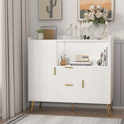 Set of 2 Buffet Cabinet with Drawers – Modern Sideboard Storage with Shelves & Doors – Wood Coffee Bar Station for Kitchen, Dining Room – Scratch-Resistant Finish, White
