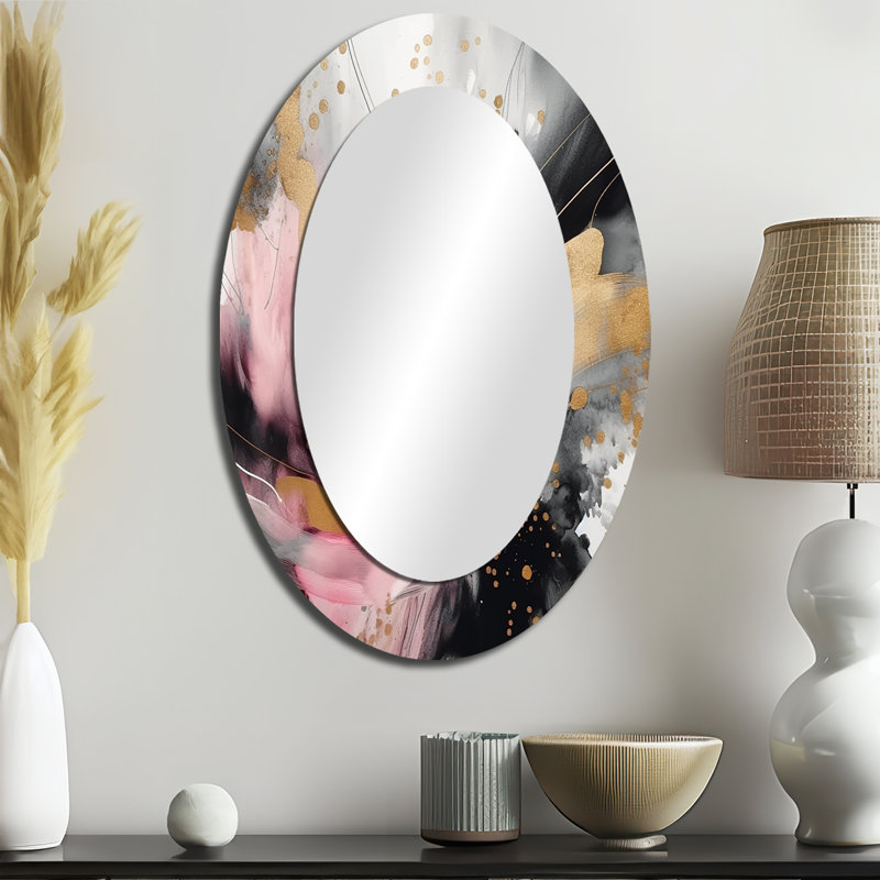 Texture or rose Splash Marble III - Grand miroir mural ovale sur métal, 36 po x 24 po
