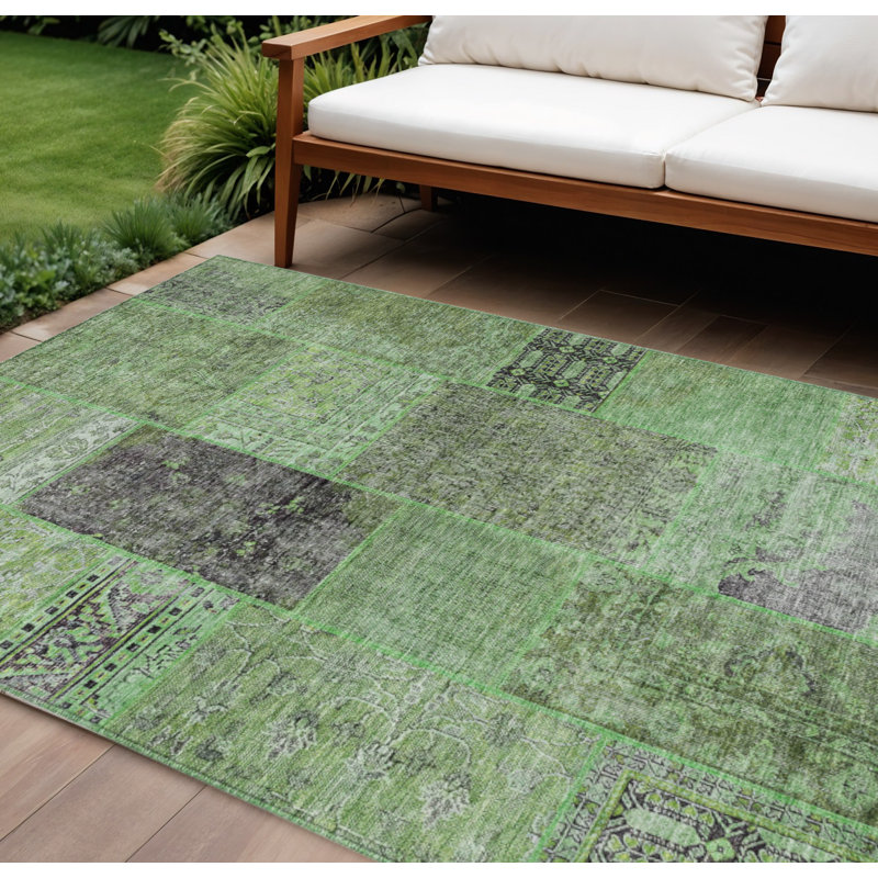 HomeRoots 9' X 12' Green And Olive Green Patchwork Washable Indoor Outdoor Area Rug