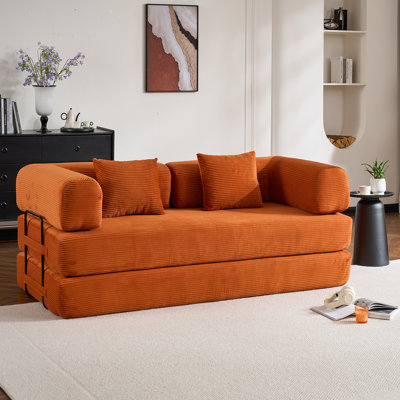 Canapé-lit convertible avec coussin cylindrique, canapé-lit pliant en velours côtelé avec structure de forme fixe, canapé-lit de salon pour la chambre à coucher (orange)