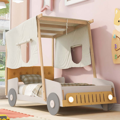 Lit voiture en bois avec coussin et toile de plafond