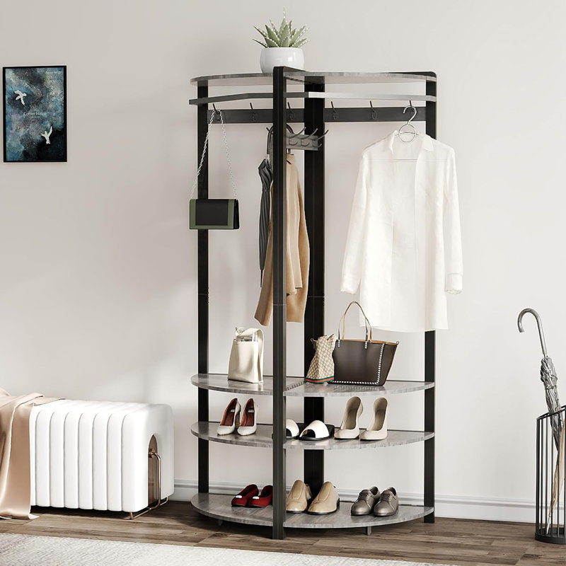 Portant de coin à vêtements avec étagères de rangement à 4 niveaux, gris et noir, Gris pierre