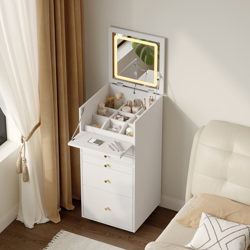 Mobile Dressing Table with LED Lights, Compact Makeup Vanity with 5 Drawers, 9 Storage Compartments