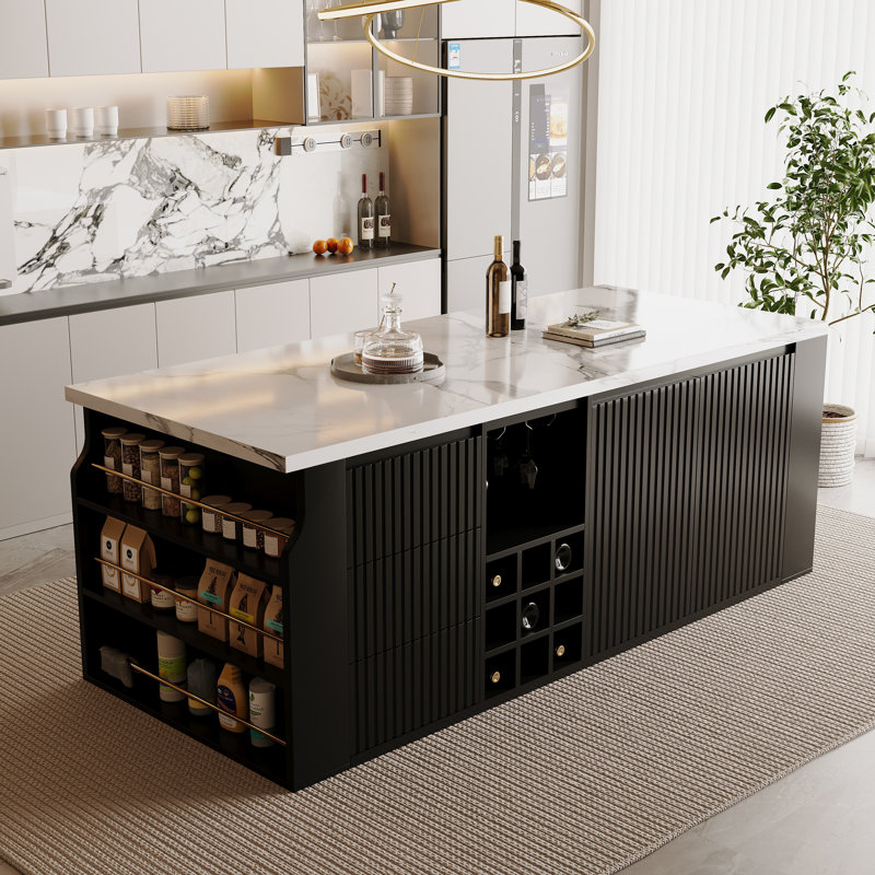 Îlot de cuisine 70,8 po avec armoire à tiroirs et tablettes à côtés ouverts, White/Black