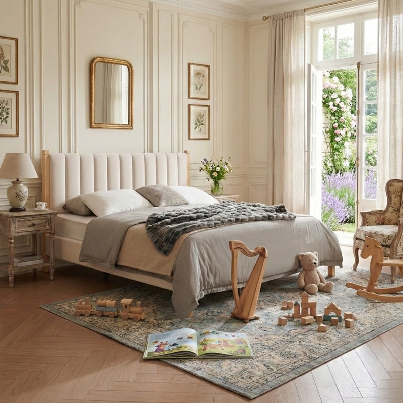 Linen Piano Key Headboard King Bed Frame With Solid Wood Legs, No Box Spring Needed, Beige, Beige, King