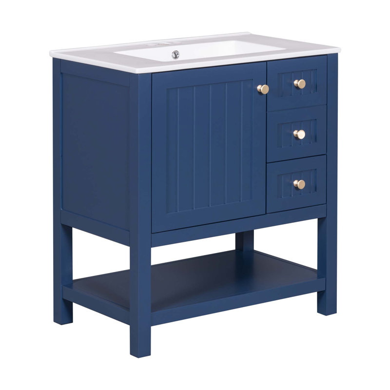 Meuble-lavabo transitionnel avec lavabo, 2 tiroirs et 1 porte, Bleu