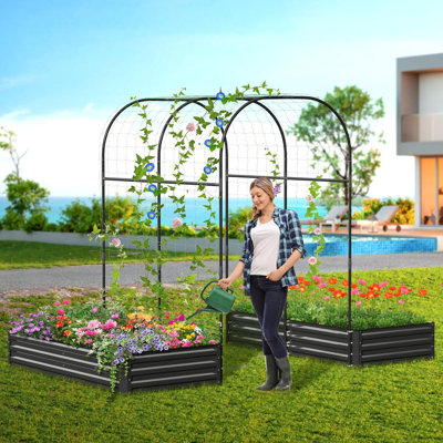 Tall Garden Arch Trellis With Galvanized Raised Garden Bed,85 In Tall Plant Support Trellis Archway