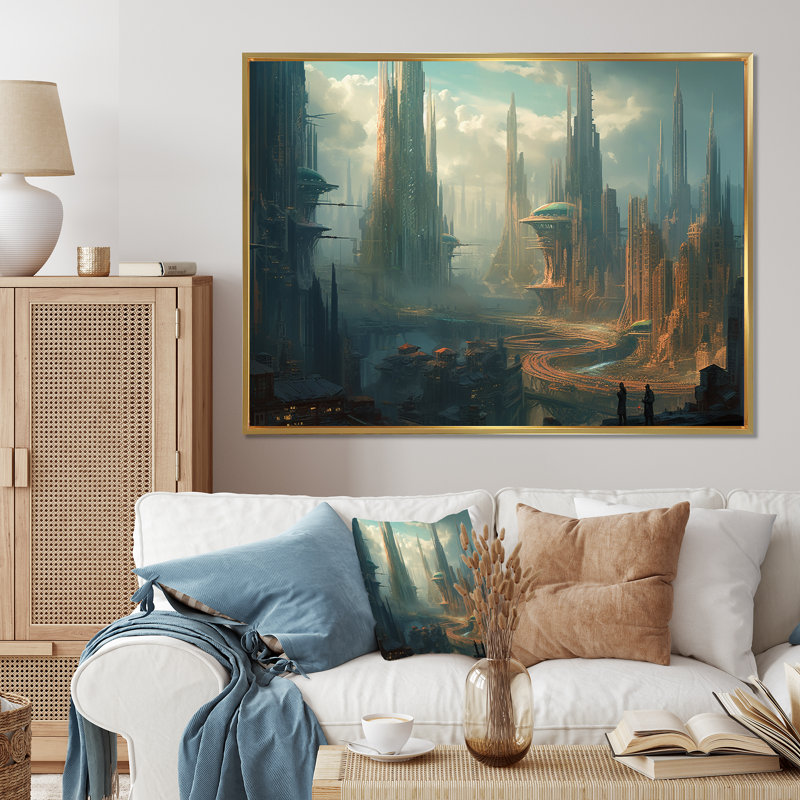 Futuristic City I, reproduction d'art sur toile, H 16 po x l 32 po x P 1 po, Cadre flottant doré