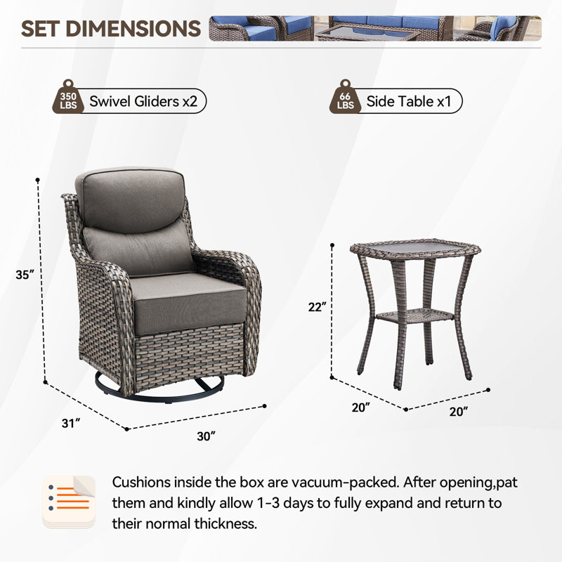 Chaise berçante et pivotante avec coussins 3 pièces Wickes, Gris, Gris