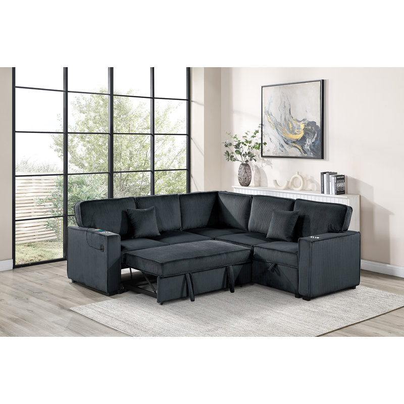 Canapé d'angle convertible 3 pièces en velours côtelé noir, 142 cm (56 po), avec rangement et port USB., Black Plywood, Noir