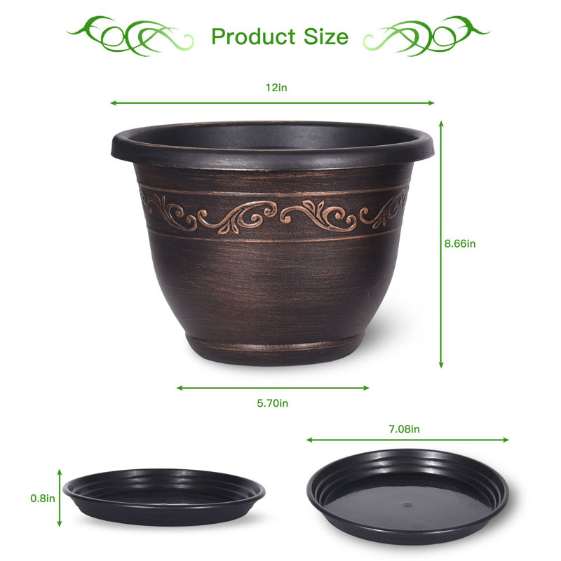 Plastic Flower Planters with Drainage Hole and Saucer, 8.7" H x 12" W x 12" D