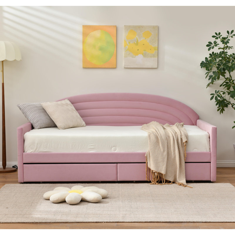 Upholstered Storage Daybed with 2 Drawers, Twin Size Multi‑Purpose Sofa Bed Frame, Solid Wood Slat Support for Small Space Bedroom