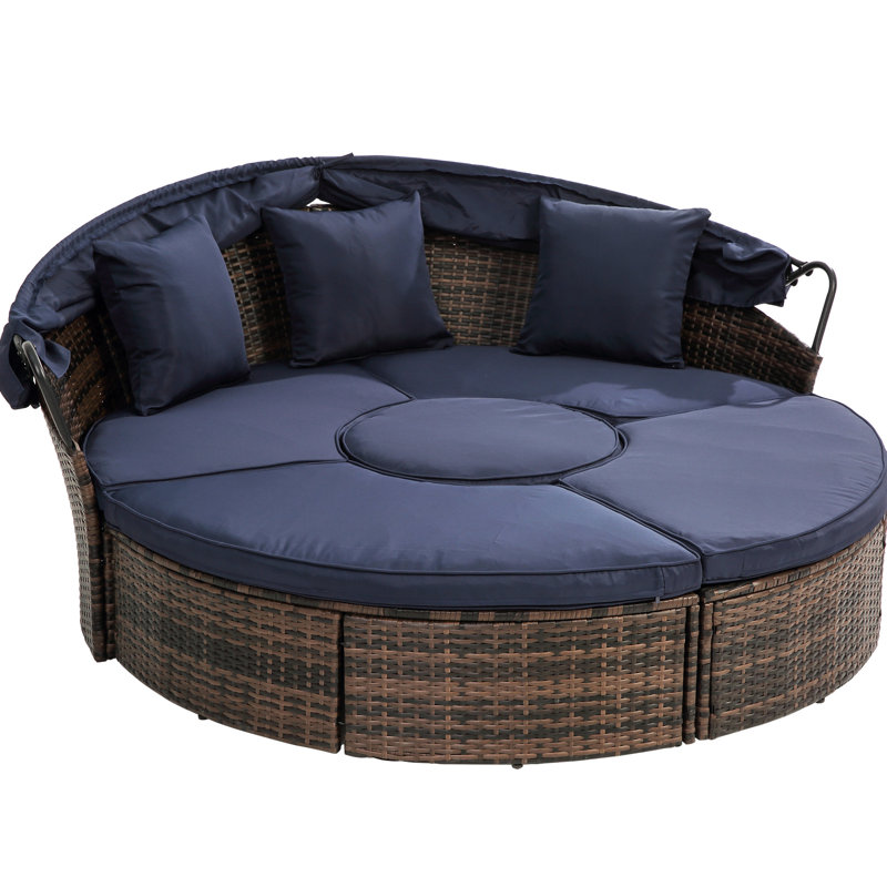 Outdoor Canopy Daybed With High Density Foam Cushions Round Patio Bed Adjustable And Removable Covers, Black Furniture In Navy Blue