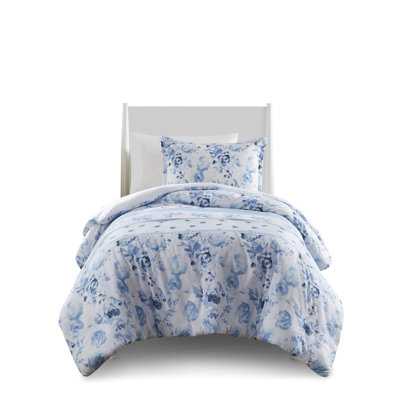 Twin/Twin Xl Bedding With Blue Floral Stripes, Microfiber, , Machine Washable Vintage Striped Duvet Cover Xl, Inner Ties, Textile