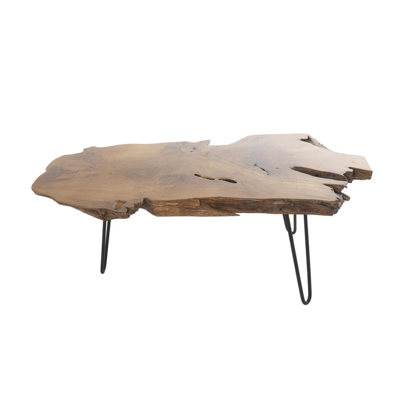 Brown Teak Wood Handmade Live Edge Living Room Coffee Table with Black Metal Hairpin Legs, 43" x 24" x 17"