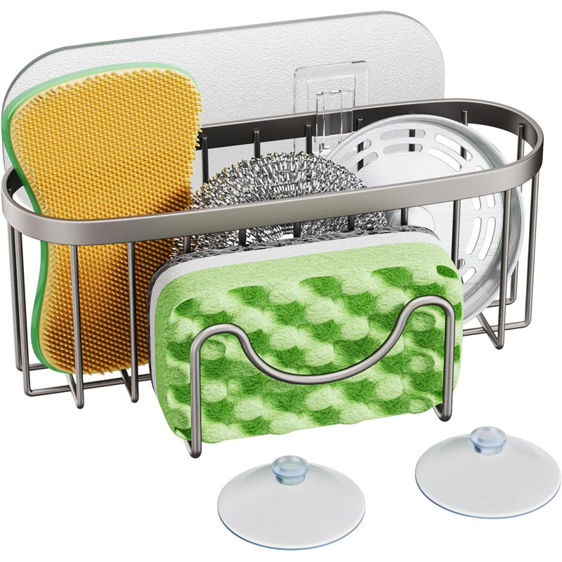 Kitchen Sponge Holder With M-Shaped Design, 2 Installation Methods, Rustproof Stainless Steel Sink Caddy Organizer For Sponge, Brush And Scraper