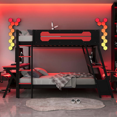 Full Size Bunk Bed with Two Built-In Gaming Desks, USB Desktop Ports & Pegboard Organizer, Gaming Bunk Frame for Gamer