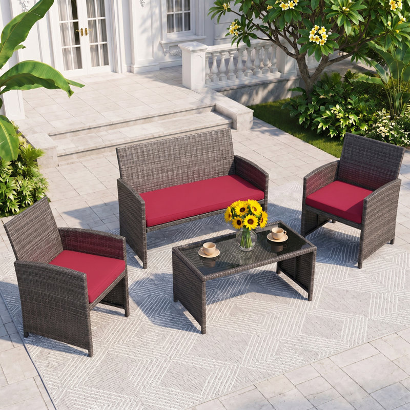 Arquit 4 - Person Outdoor Patio Seating Group with Cushions, Red