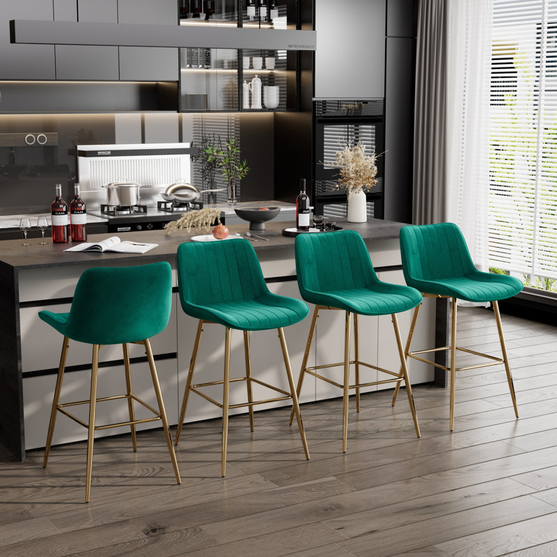 Set of Bar Stools, Velvet Upholstered Fabric Counter Stool With Solid Metal Frame and Velvet Low Back Armless, 4, Green