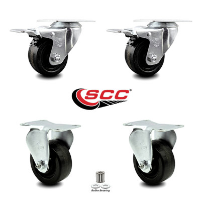3 Inch Phenolic Swivel Top Plate Caster Set 2 Lock Brakes 2 Rigid Service Caster