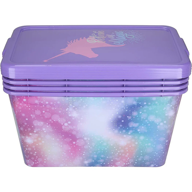 SIMPLYKLEEN Storage Totes with Lids 4PC - 14.5Gallon Colorful Printed Decorative Design Storage Boxes Storage Bins with Lids Plastic Storage Containers for Organizer Rainbow Unicorn