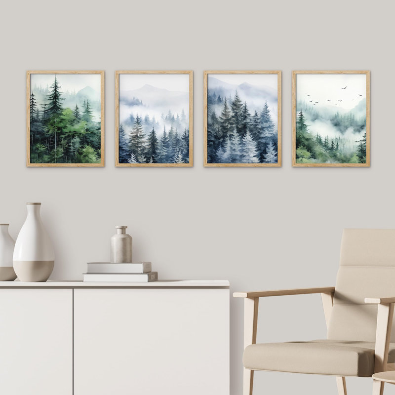 " Green And Teal Watercolor Forest Pine Trees Decor " 4 - Pieces, Natural, 10" H x 8" W