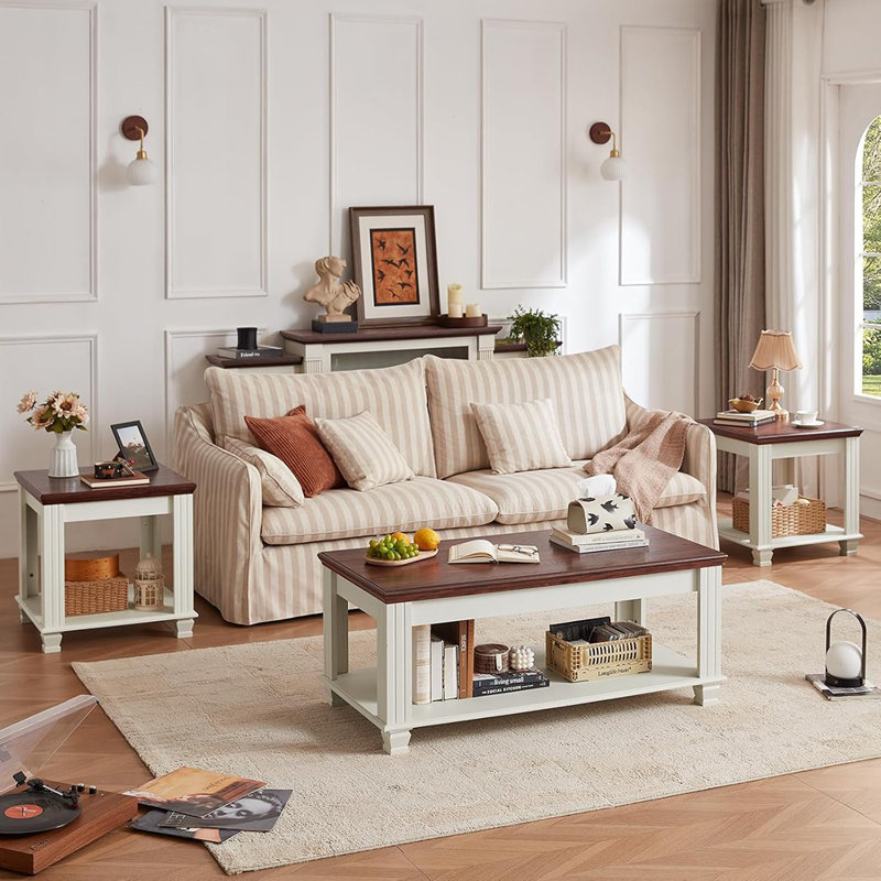 Ensemble de 3 tables basses de salon en bois rustique - grande table basse et 2 tables de bout avec tablette ouverte, blanc
