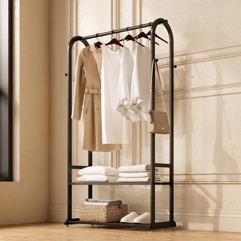 Black Heavy Duty Metal Garment Rack with Shelves and Hooks