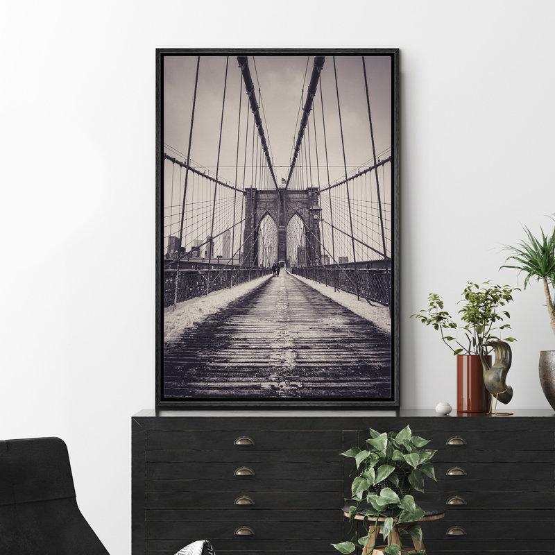 Architecture Building  Bridge in New York City Photograph Classic Pictures Framed On Canvas Print Wall Art, Black