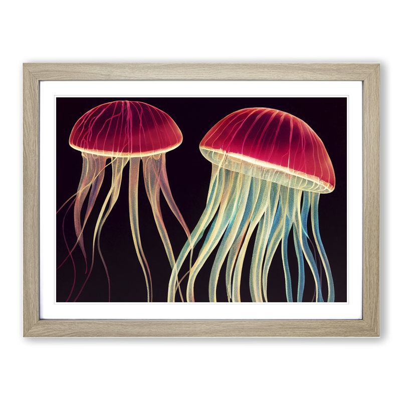 Two Jellyfish - Single Picture Frame Print, Oak, 46cm H x 64cm W x 2cm D