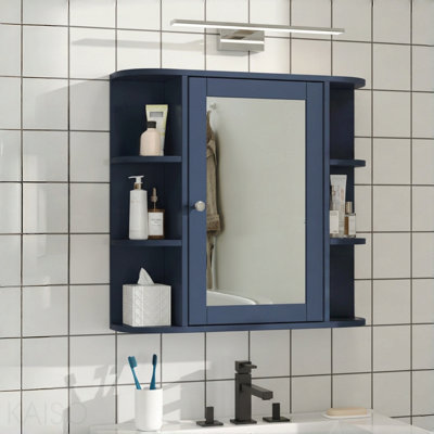 Navy Blue Wall-Mounted Bathroom Mirror Cabinet with Open Shelves