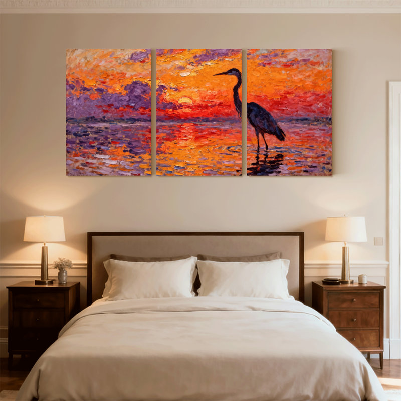Birds Sunset Heron Water Reflection, ensemble de 3 reproductions d'art sur toile, H 18 po x l 36 po