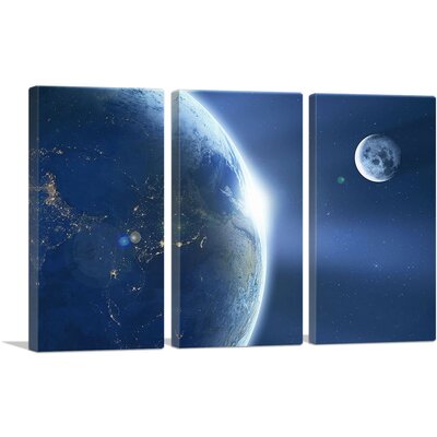 Planet Earth and Moon in Solar System - 3 Piece Wrapped Canvas Photograph Print Set -  ARTCANVAS, PHONAS125-3L-60x40