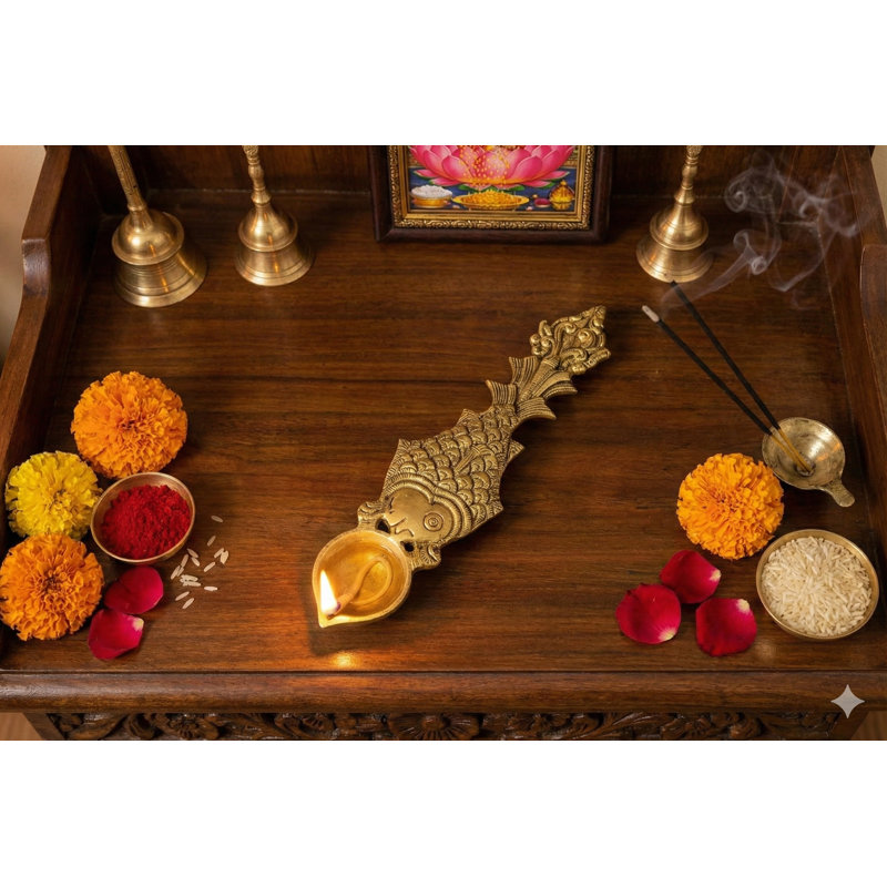 Handheld Brass Puja Diya with Fish Handle – 10" Traditional Indian Oil Lamp, Ritual Decor, Symbol of Prosperity