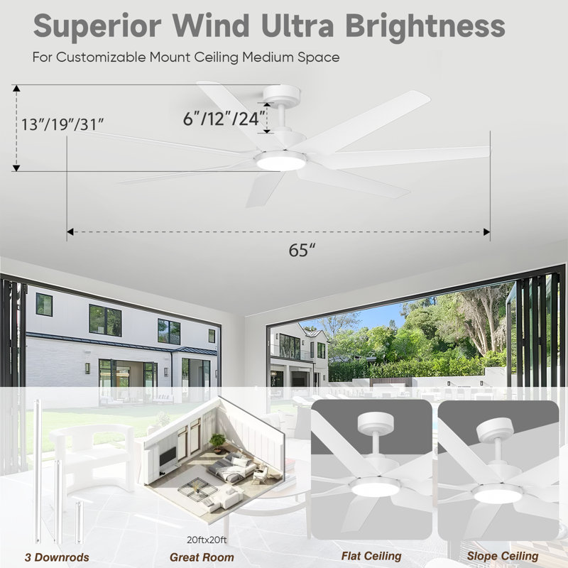 65in Modern Smart Ceiling Fan With Light, 7 Durable Abs Blades, White, White