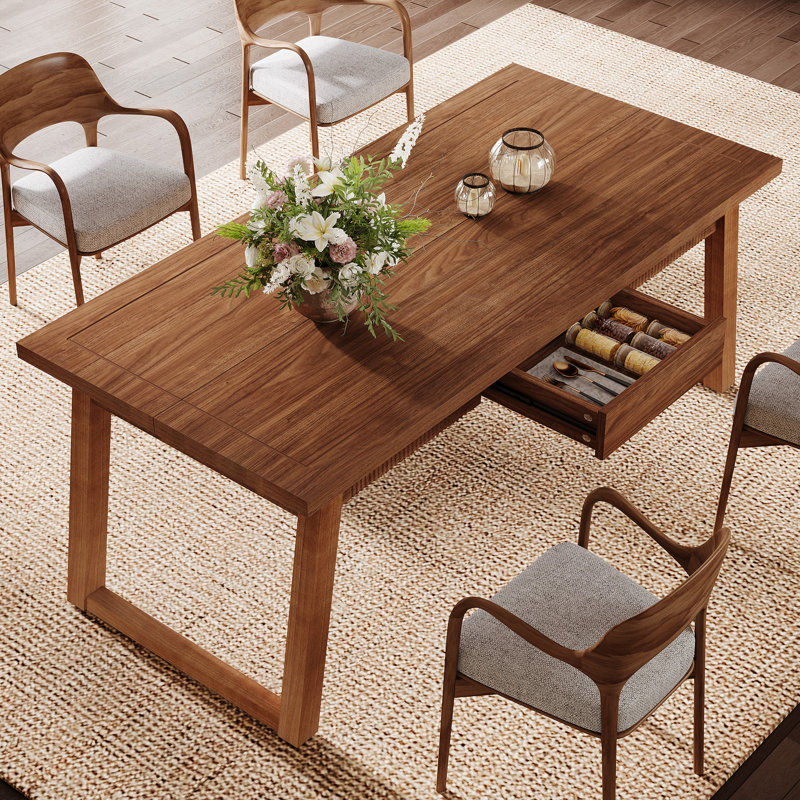 55" Wood Dining Table, Kitchen Dinner Table, Walnut Brown