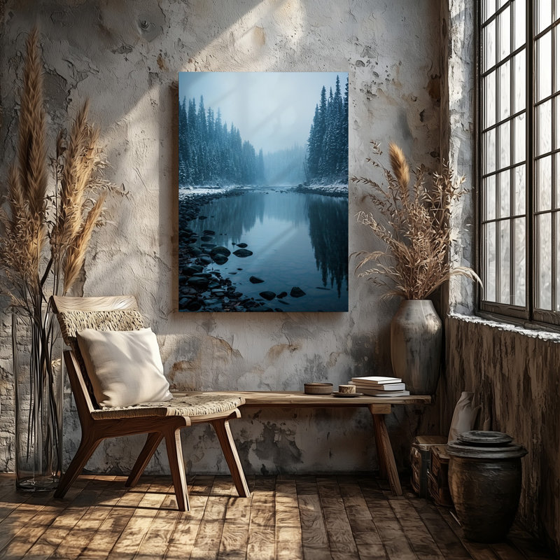 Toile, "Un paysage d'hiver serein avec une rivière tranquille qui coule à travers une forêt dense entourée de grands arbres à feuilles persistantes", art mural