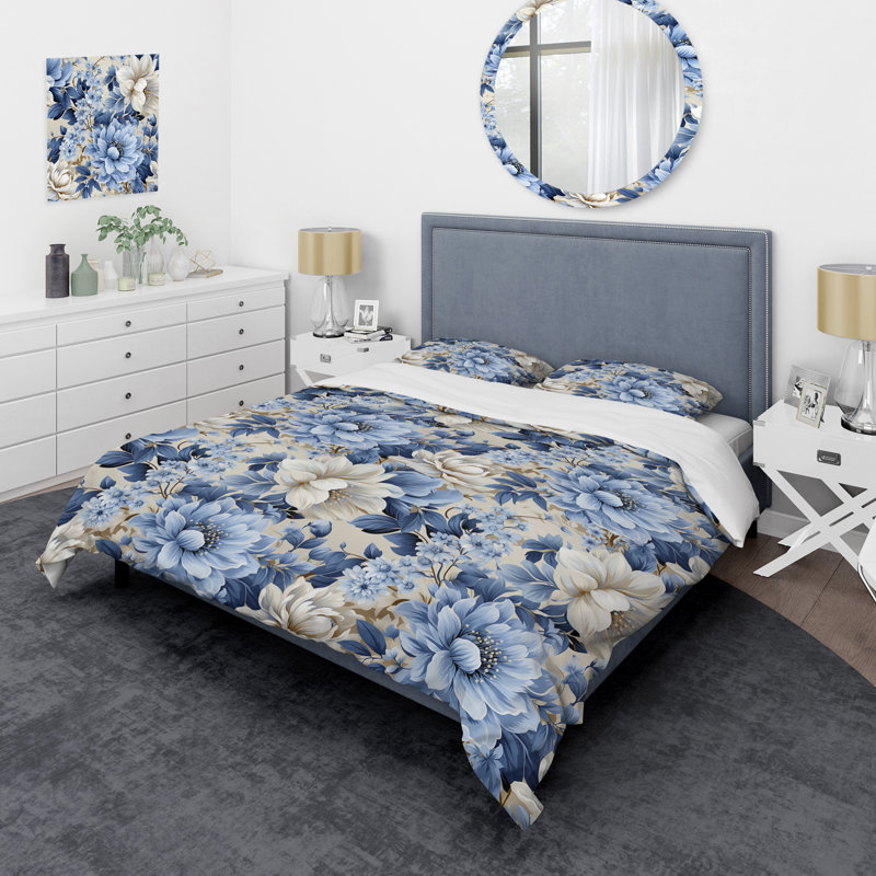 Ensemble de housse de couette à motif floral Blue Vintage Whispers, Housse de couette pour grand lit et 2 taies décor