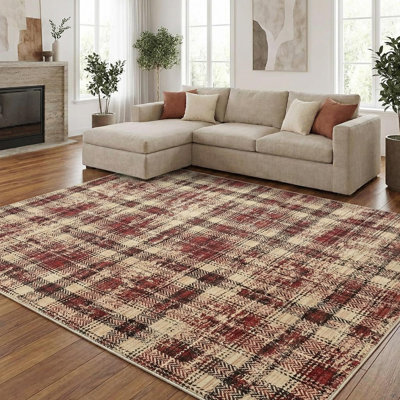 Large Area Rug 10x13FT Plaid Rug Washable Rugs for Living Room Non Slip Soft Farmhouse Non-Shedding Carpet Indoor Low Pile Foldable Rugs for Bedroom Dining Room Nursery Playroom Red
