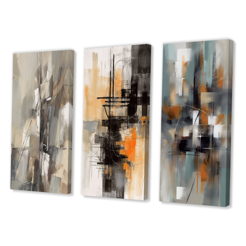 «Abstract Design Shapes», 3 pièces sur toile, Toile tendue, H 32 po x l 48 po