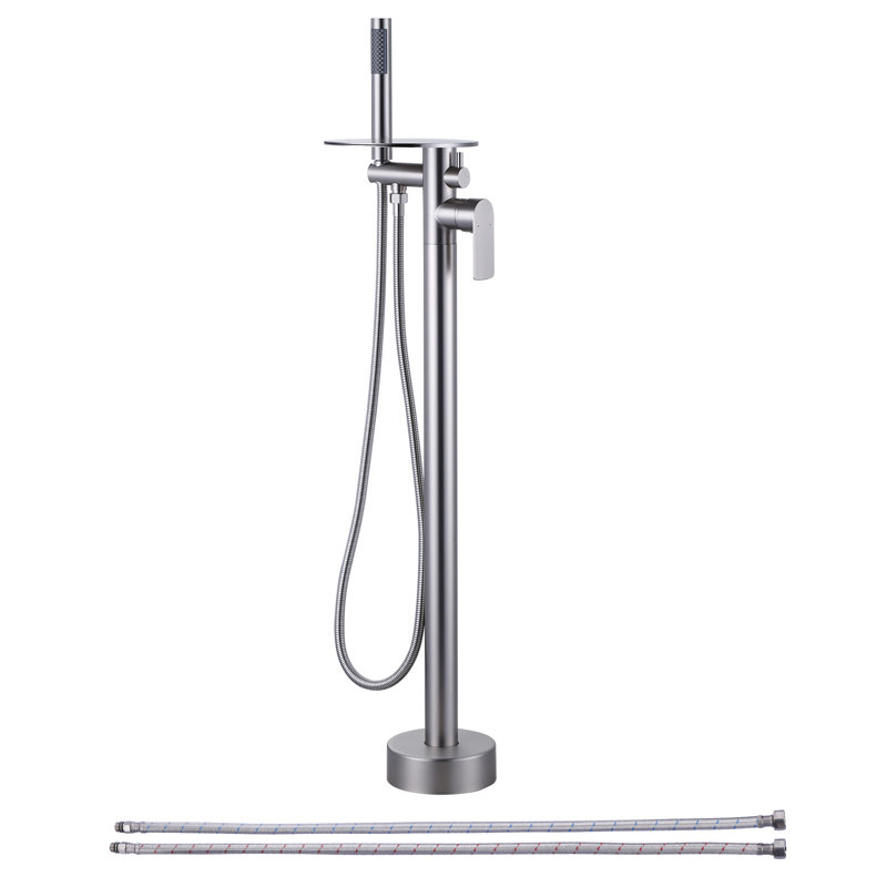 Waterfall Single-Handle Freestanding Tub Faucet, Floor Mount Bathtub Filler With Hand Shower, Brushed Nickel