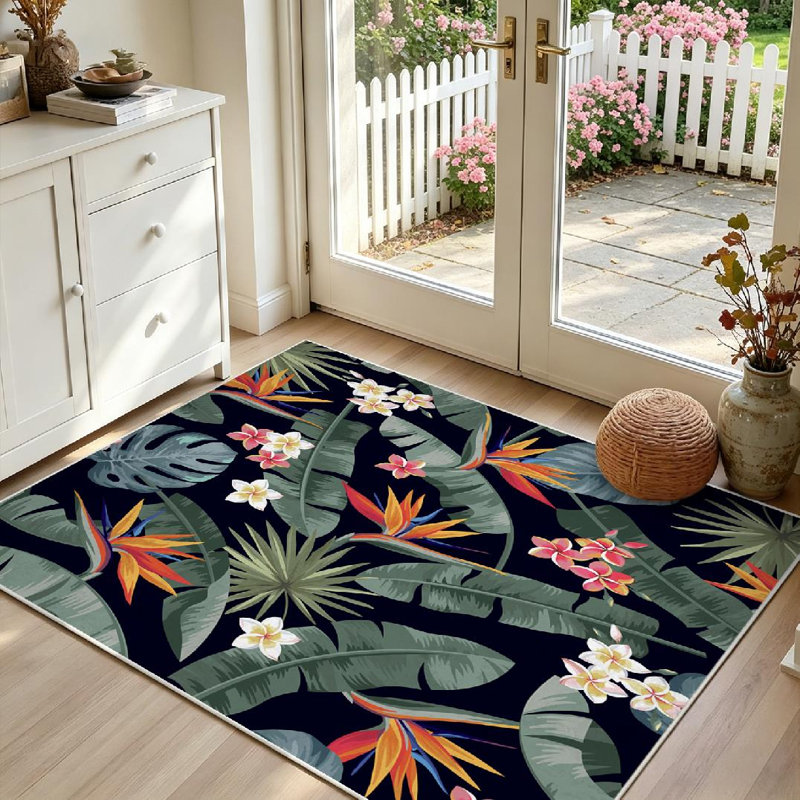 Pink Tropical Palm Leaves Exotic Flowers Floral Banana Island Tree Machine Washable Indoor Area Rug, Rectangle 39" x 63"