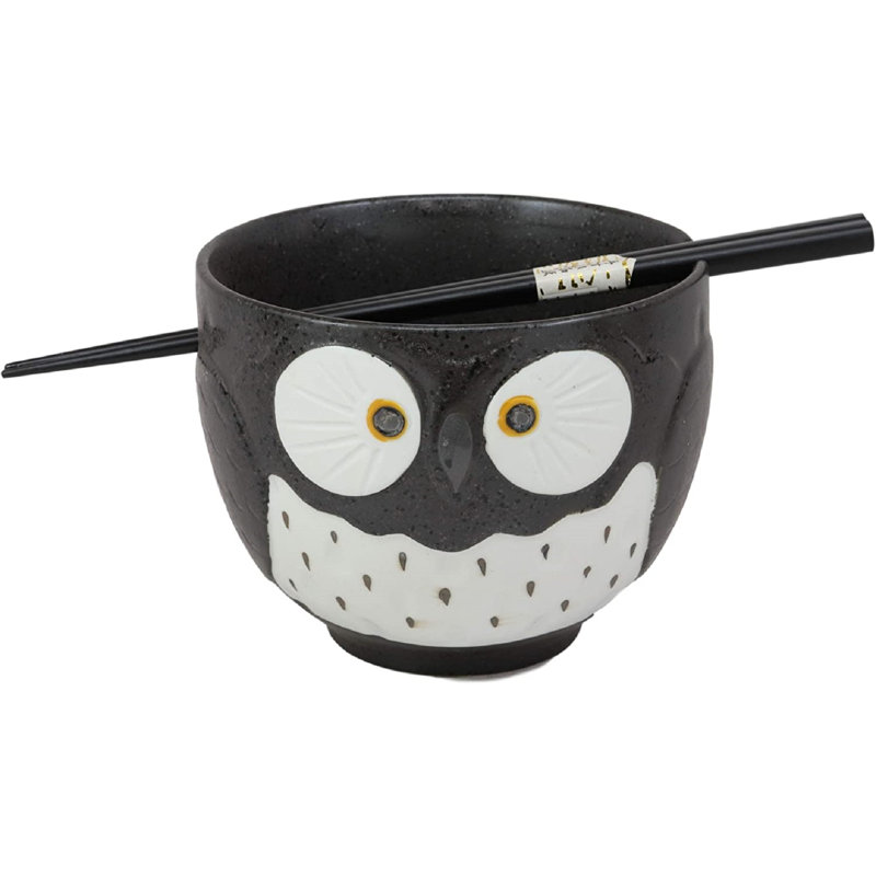 Ensemble de nouilles et de baguettes en forme de hibou noir en céramique avec hibou tacheté blanc Ebros