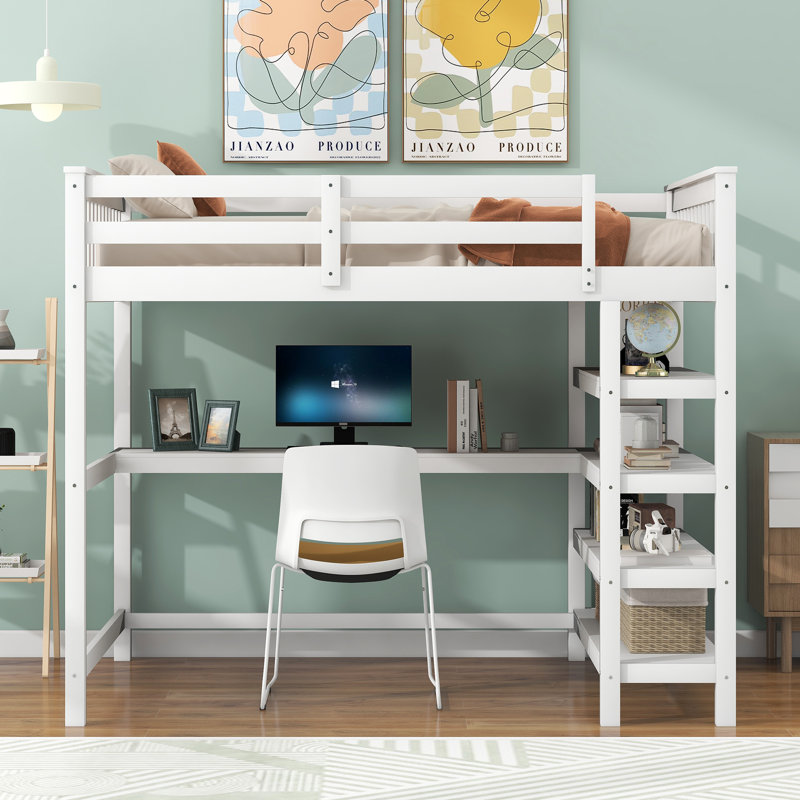 Structure de lit mezzanine avec tablettes de rangement et bureau sous le lit, bureau multifonctionnel et station de sommeil