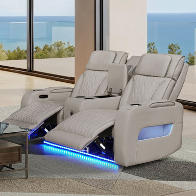 Jazz 74"W Ice Leather Aire Transformer Power Reclining Loveseat With Power Headrest, Bluetooth Speakers, LED Lights, USB & USB-C Ports, Storage & Cupholders