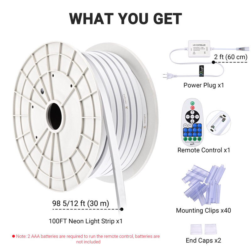 Lamuel DELight 100FT Warm White LED Strip Neon Rope Lights with Remote Comtrol Cuttable DIY Commercial Sign for Outdoor DEL-D100W