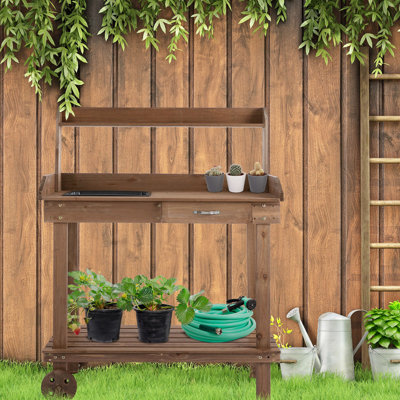 Brown 36'' Wooden Gardening Workbench, 2 Removable Wheels, Sink, Drawer & Considerable Storage - Outdoor Potting Table Station With Sink Drawer, Detachable , Ample Workbench