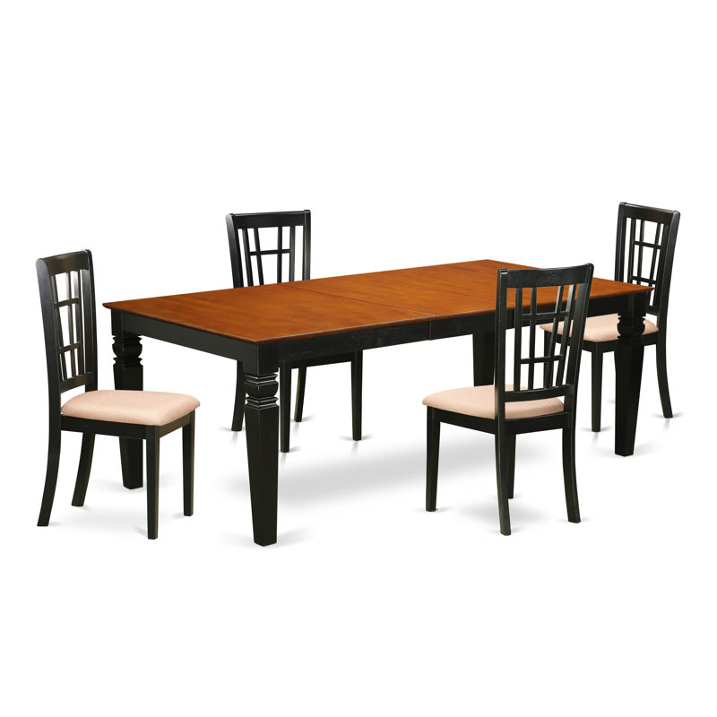 Ensemble de salle à manger 5 pièces pour 4 personnes comprenant une table de cuisine rectangulaire avec rallonge papillon et 4 chaises de salle à manger en lin, 107 x 213 cm, noir et cerisier