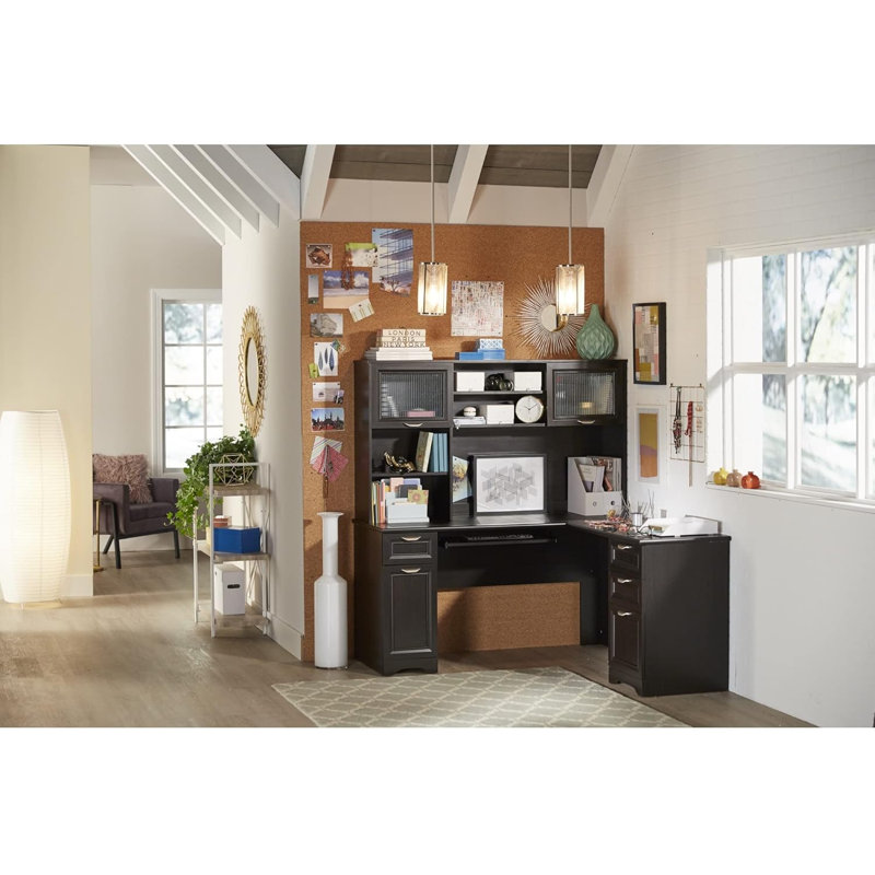 Bureau de direction en L avec classeur mobile, grand bureau d'ordinateur avec tiroirs et tablettes de rangement, brun rustique